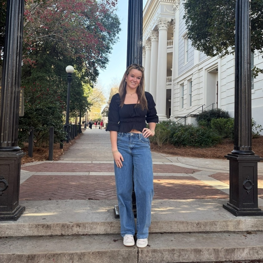 Wayf Black Puff Sleeve Blouse with Ruched Ruffles
